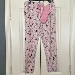 Pink new‎ Pajama Jogger Pants & Socks Christmas Snowman Sz Large pjs